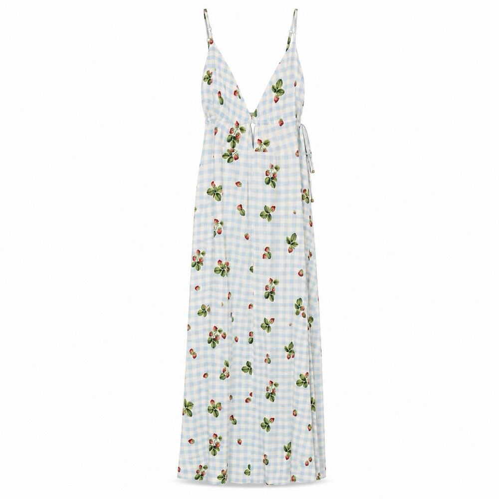 NWT Label of Love XL Misty Blue Strawberry Gingham Cutout Maxi Dress